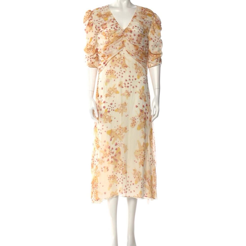 De La Vali Silk Chiffon Beige Neutral Floral Puff Sleeve Midi Cocktail Dress